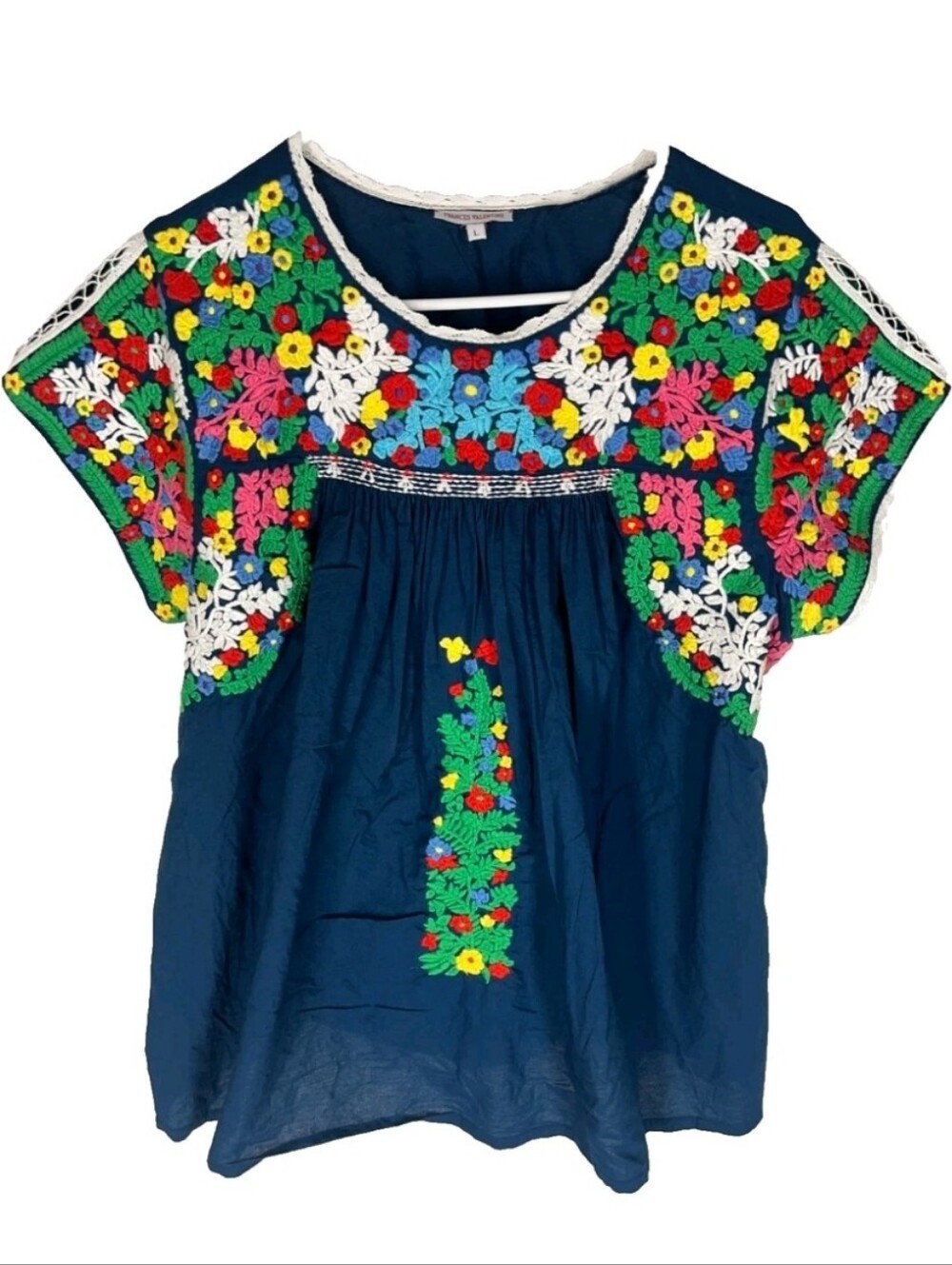 Frances Valentine Sz Large Navy Floral Embroidered Peasant Blouse